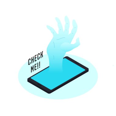 ekran dışında el ile akıllı telefon yerleştirilir ve beni metin kontrol edin. telefon hücre bağımlılığı illüstrasyon kavramı. izometrik vektör tasarımı.