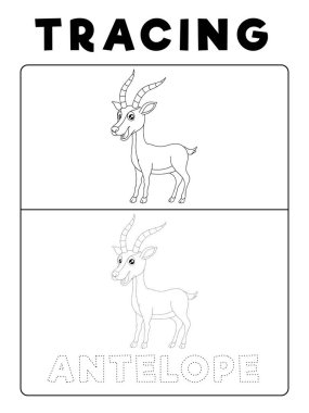 Örnek ile Komik Antilop Geyik Hayvan İzleme Kitabı. İnce motor becerisi pratik için okul öncesi çalışma sayfası. Çocuklar için Vektör Karikatür İllüstrasyon.