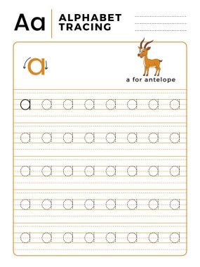 Bir alfabe kitabı örnek ve komik antilop geyik çizgi film izleme mektup. İnce motor beceri pratik için okul öncesi çalışma. Vektör çizim çocuklar için.
