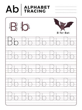 Mektup B alfabe kitabı örnek ve komik yarasa çizgi film izleme. İnce motor beceri pratik için okul öncesi çalışma. Çocuklar için hayvan illüstrasyon vektör.