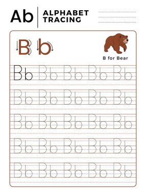 Mektup B alfabe kitabı örnek ve komik ayı çizgi film izleme. İnce motor beceri pratik için okul öncesi çalışma. Çocuklar için hayvan illüstrasyon vektör.