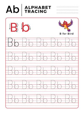 Mektup B alfabe kitabı örnek ve komik kuş çizgi film izleme. İnce motor beceri pratik için okul öncesi çalışma. Çocuklar için hayvan illüstrasyon vektör.