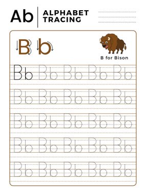 Mektup B alfabe kitabı örnek ve komik Bison çizgi film izleme. İnce motor beceri pratik için okul öncesi çalışma. Çocuklar için hayvan illüstrasyon vektör.