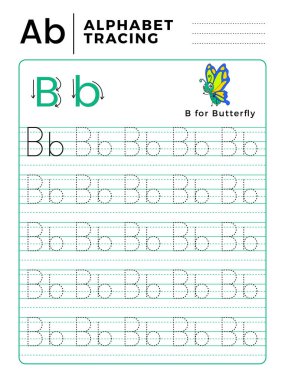 Mektup B alfabe kitabı örnek ve komik kelebek çizgi film izleme. İnce motor beceri pratik için okul öncesi çalışma. Çocuklar için hayvan illüstrasyon vektör.