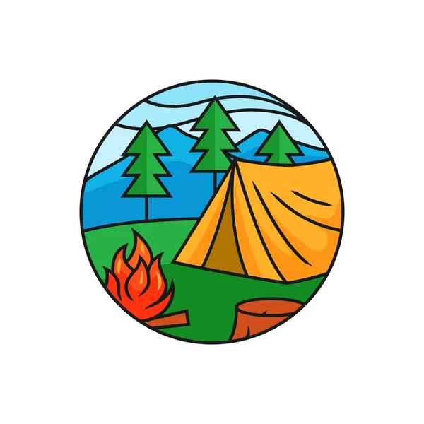 Insignia Del Logo Del Camping Forestal Tienda Con Hoguera Bosque — Archivo Imágenes Vectoriales