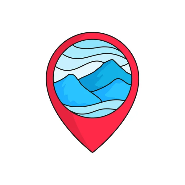 Mapa Montaña Pin Localizador Logotipo Insignia Ilustración Altas Montañas Nubladas — Archivo Imágenes Vectoriales