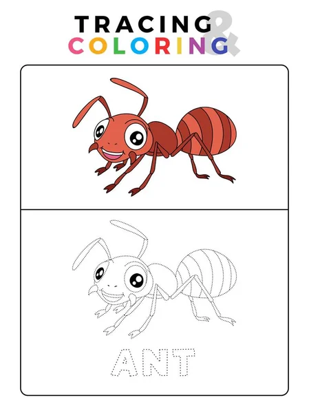 Funny Ant Insect Animal Tracing and Coloring Book with Example. Preschool worksheet for practicing fine motor and color recognition skill. Vector Cartoon Illustration for Children.