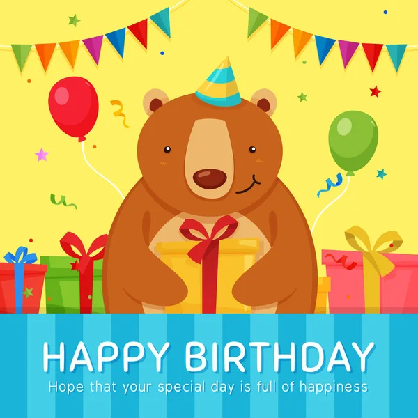 Cute Bear give a Gift at Birthday Party. Bear Character holding gift box Illustration. Greeting Card Template.
