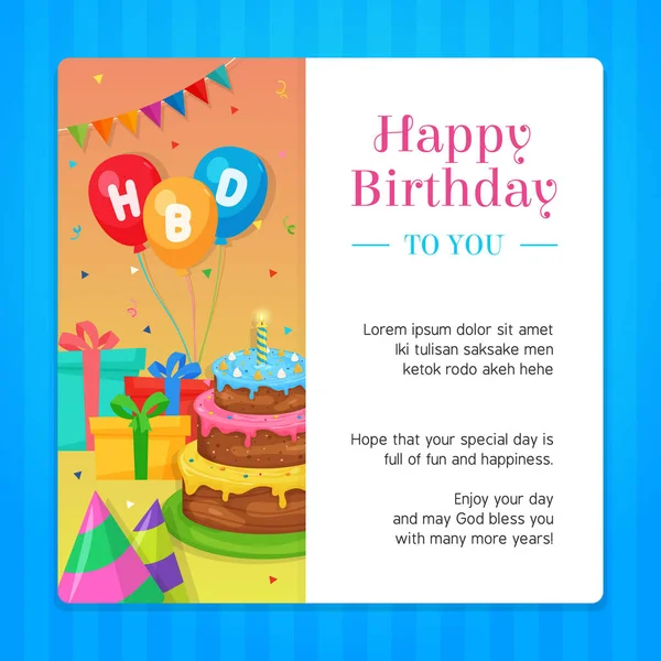 Happy Birthday Modern Invitation Card Template Birthday Cake Balloon Gift — Stock vektor