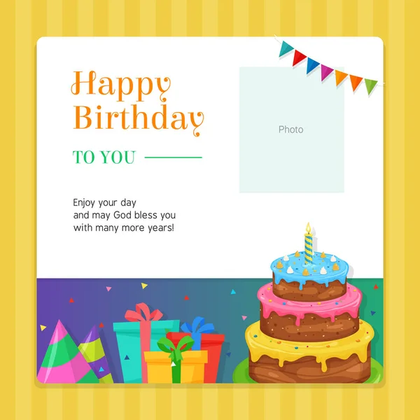 生日快乐现代邀请卡模板与生日蛋糕和礼品盒插图 — 图库矢量图片