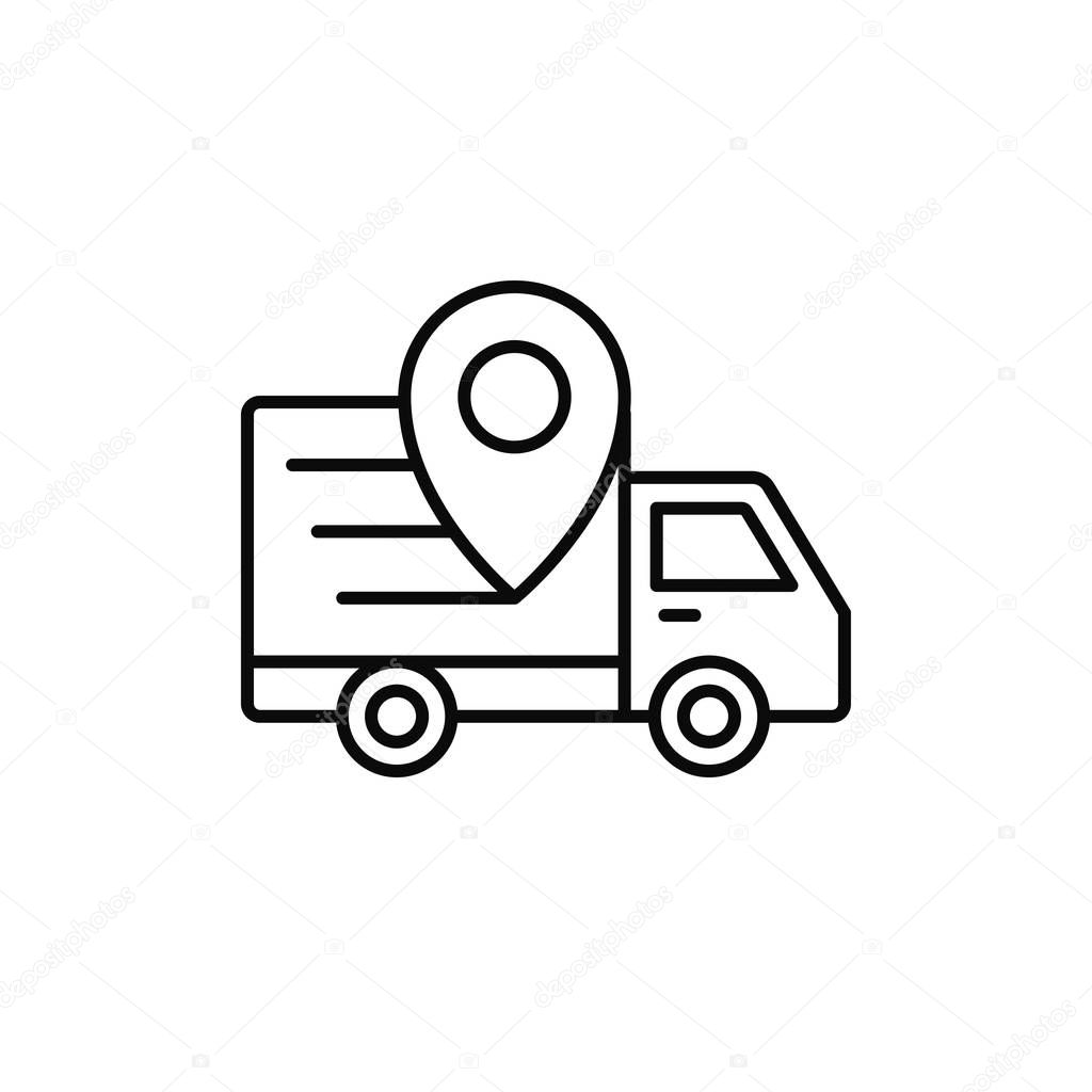 Delivery truck pin location icon. shipment position tracking illustration. simple outline vector symbol design.