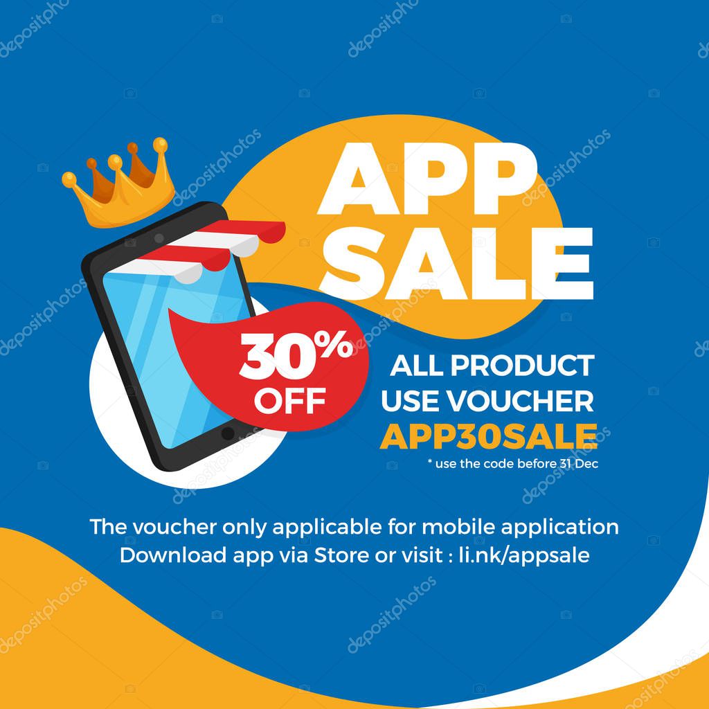 Smartphone with striped store awning for e-commerce app sale, voucher discount banner promotion. mobile shop concept design. modern flat style illustration.