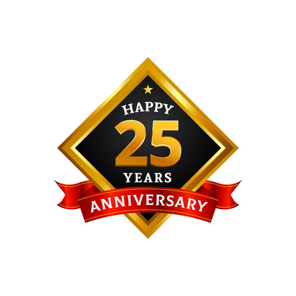 Happy 25 years golden anniversary logo celebration with diamond frame and ribbon.