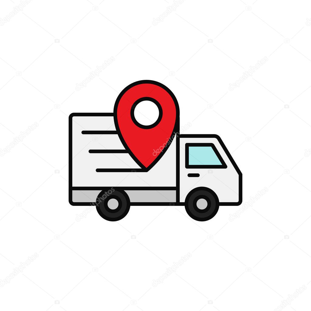 Delivery truck pin location icon. shipment position tracking illustration. simple outline vector symbol design.