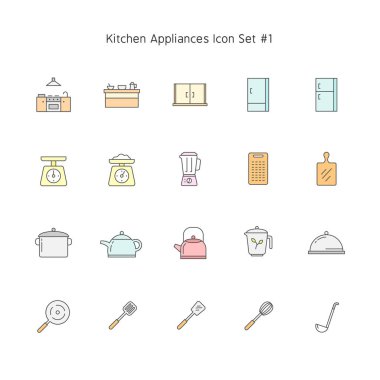 mutfak aletleri basit çizgi renk simgesi seti. ev illüstrasyon koleksiyonu.