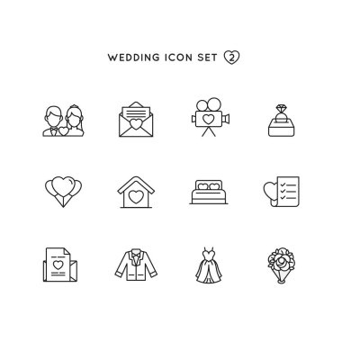 Düğün anahat Icon set. evlilik illüstrasyon aşk sembolü koleksiyonu ile nesne. monoline tasarım dijital davet, kartı, Web ve mobil uygulama tasarımı için mükemmel.