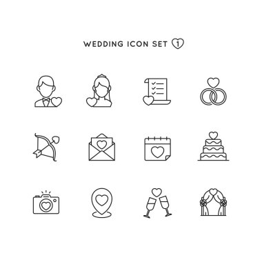 Düğün anahat Icon set. evlilik illüstrasyon aşk sembolü koleksiyonu ile nesne. monoline tasarım dijital davet, kartı, Web ve mobil uygulama tasarımı için mükemmel.