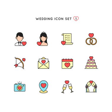 Düğün anahat Icon set. evlilik illüstrasyon aşk sembolü koleksiyonu ile düz renk nesne. monoline tasarım dijital davet, kartı, Web ve mobil uygulama tasarımı için mükemmel.