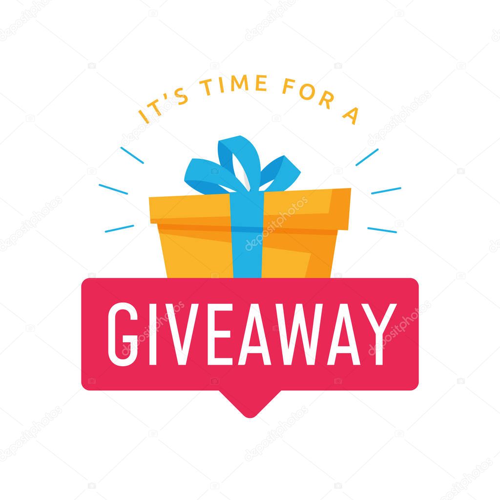 Giveaway logo template for social media post or website banner. Give away text with red label and gift box background vector design