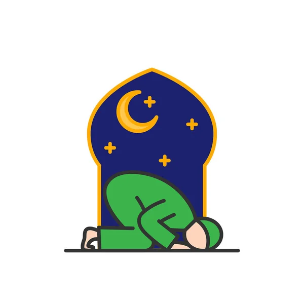 パクランガ Sujud ムスリムは 夜の時間にモスクで祈る イスラム教徒のラマダン イード アル明けお祝いの単純なモノライン アイコン スタイル — ストックベクタ