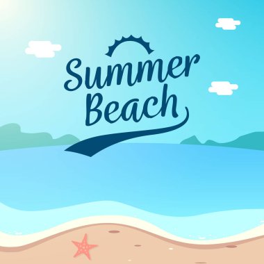 Yaz plaj tatil arka plan tasarım. plaj sahne vektör çizim.