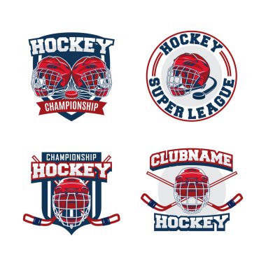 Hokey takımı logo tasarım vektör şablon kümesi. Spor Kulübü rozeti kimlik collection. Kask illüstrasyon logo grafik ile.