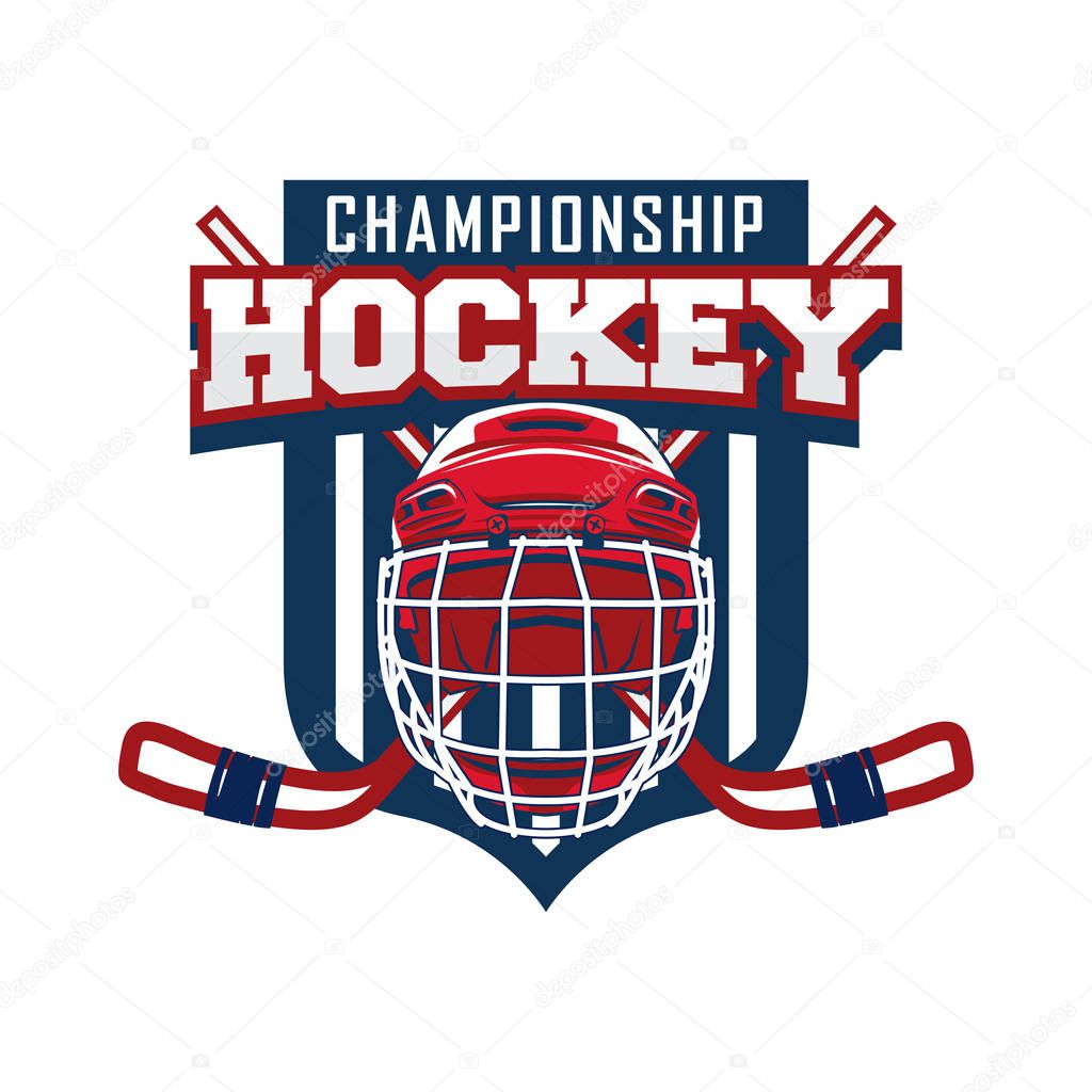 Hockey team logo design vector template. Sport club badge identity. Helmet illustration with logotype graphic.