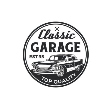 Eski model klasik araba garaj logo rozet tasarım onarın. Eski retro tarzı şirketi vektör şablonu.