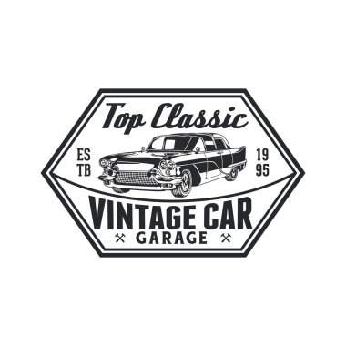 Eski model klasik araba garaj logo rozet tasarım onarın. Eski retro tarzı şirketi vektör şablonu.