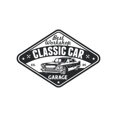 Eski model klasik araba garaj logo rozet tasarım onarın. Eski retro tarzı şirketi vektör şablonu.
