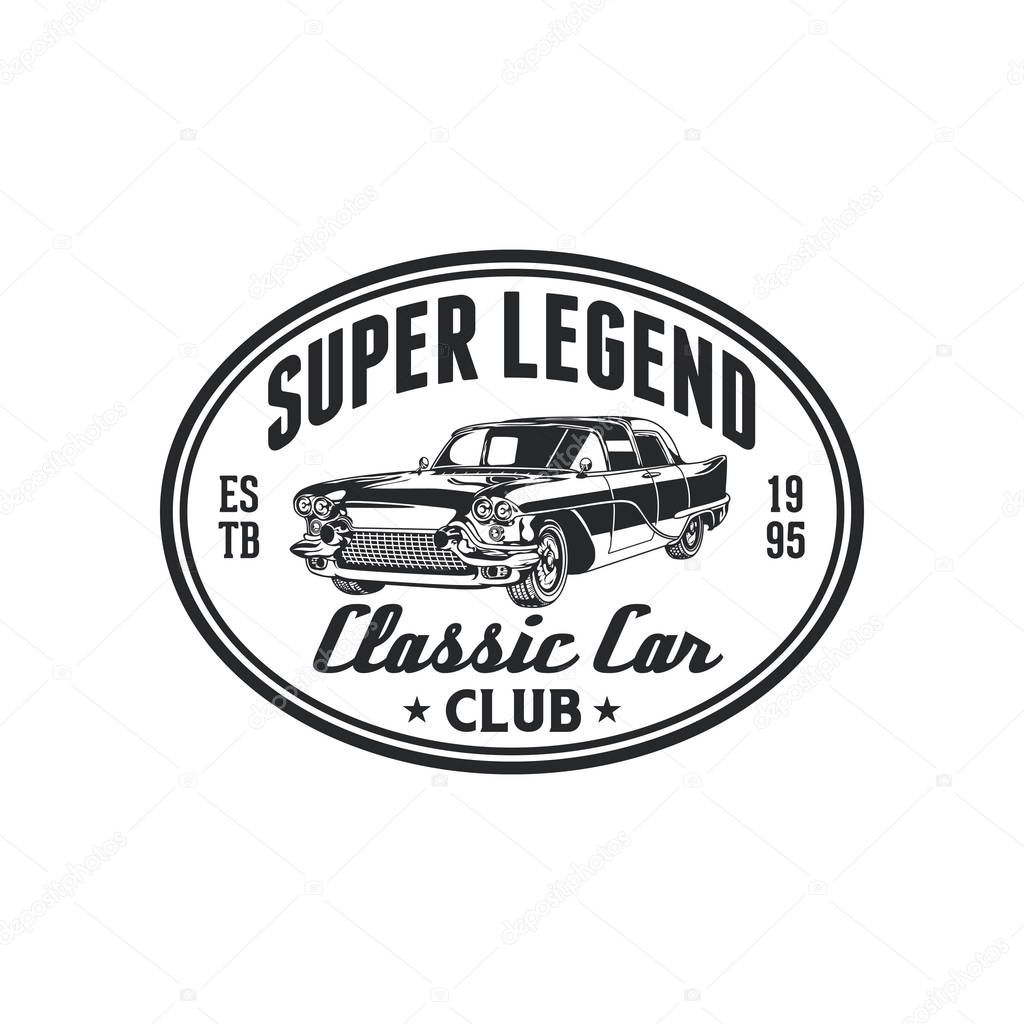 Vintage classic car club logo badge design. Old retro style community label vector template.