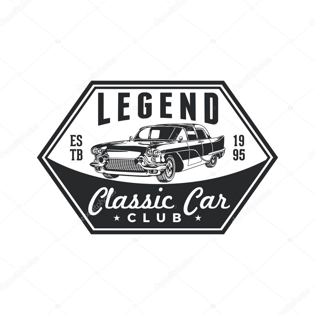 Vintage classic car club logo badge design. Old retro style community label vector template.