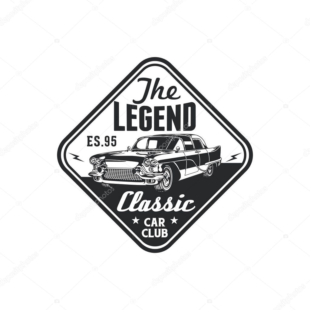 Vintage classic car club logo badge design. Old retro style community label vector template.