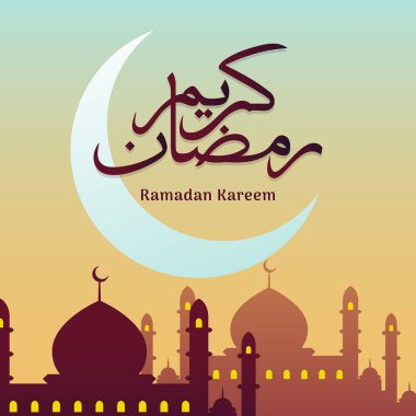 Ramazan Kareem klasik Arapça hat Crescent moon ve Camii siluet arka plan ile