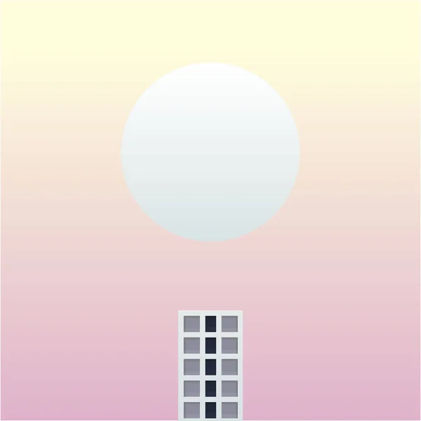 one tall building in the future fantasy world vector illustration. small building and big planet with soft sky background design.