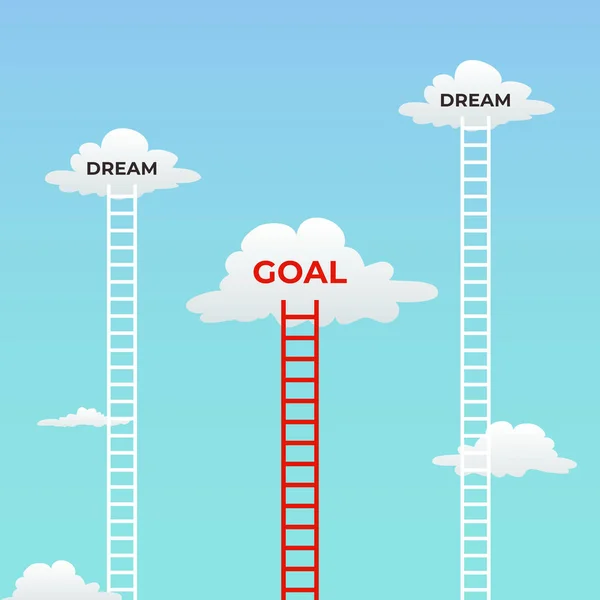 目標や夢。夢の考え方ビジュアル コンセプト デザインの下の目標。空と本文のベクトル図と背の高いはしごの雲します。. — ストックベクタ