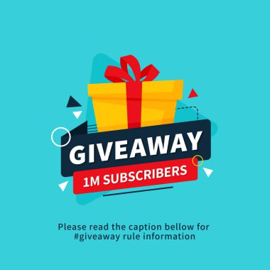 Sosyal medya sonrası veya web sitesi afiş için Giveaway 1m aboneleri poster şablonu tasarımı. Modern tipografi metin stili ile hediye kutusu vektör illüstrasyon.