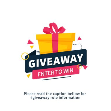 Giveaway sosyal medya sonrası veya web sitesi afiş için poster şablonu tasarımı kazanmak için girin. Modern tipografi metin stili ile hediye kutusu vektör illüstrasyon.