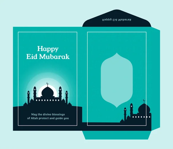 Eid al fitr money envelope for islam great day celebration gift template design with mosque silhouette background. готовая к печати векторная графика . — стоковый вектор