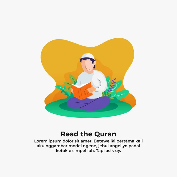 イスラム教徒の男性は、葉と花の自然の背景を持つイスラム教の聖書を読んでコーラン。ラマダンアクティビティベクトルイラストデザイン. — ストックベクタ