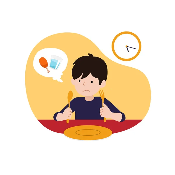 Un niño hambriento esperando el tiempo de iftar o romper la ilustración del vector de ayuno. diseño de concepto de actividad ramadán infantil . — Archivo Imágenes Vectoriales