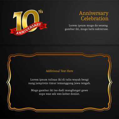Mutlu 10Th Anniversary arka plan vektör tasarımı. Doğum günü kutlaması için altın çerçeve süs ve metin ile Lüks siyah kağıt