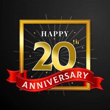 Mutlu 20 yıldönümü arka plan vektör tasarımı. Doğum günü etkinliği kutlaması için altın kare kare illüstrasyon ile siyah kağıt.