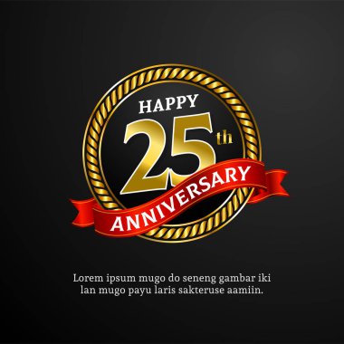 Mutlu 25 yıldönümü madalya logosu rozeti vektör tasarımı. doğum günü etkinliği kutlama arka plan için halat dekorasyon ve kurdele ile parlak halka.
