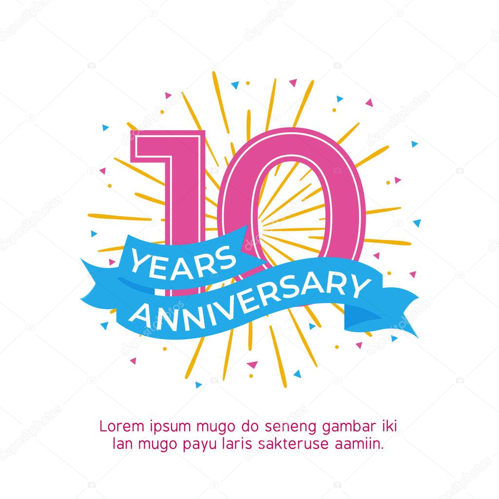 10 years anniversary logo badge. colorful birthday event background vector design