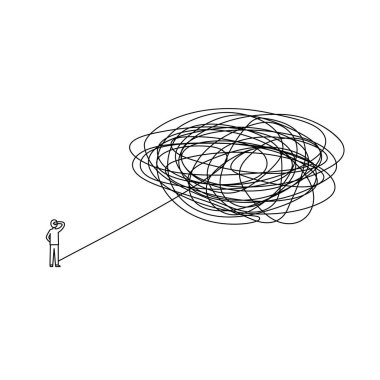 karmaşık bir sorun ile ayakta adam illüstrasyon öncesinde çözülmelidir. zor bir süreç ile işadamı bekliyor. karışık karalama çizgi vektör yolu doodle tasarımı.