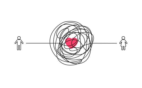 karmaşık çift aşk ilişkisi illüstrasyon. dağınık çizgi bağlantısı ile erkek ve kadın sembolü. karışık karalama çizgi vektör yolu doodle tasarımı.