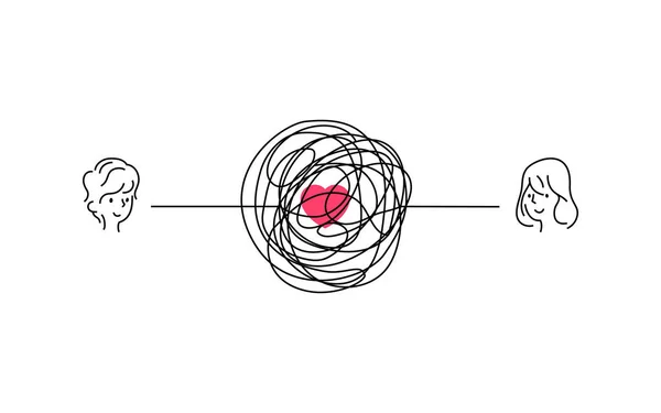 Casal feliz com ilustração relacionamento de amor complicado. sorrir cara de menino e menina com conexão de linha confuso. emaranhado scribble linha vetor caminho doodle design . — Vetor de Stock