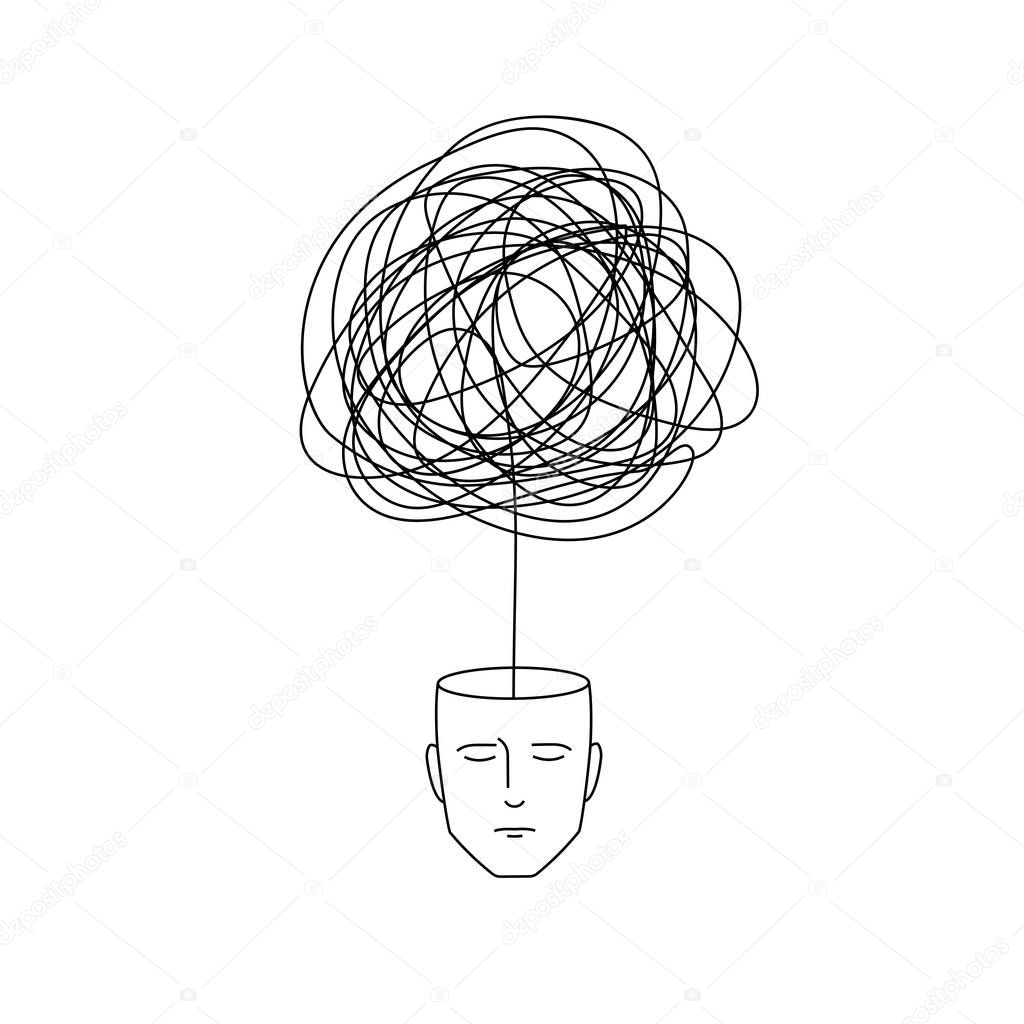 complicated abstract mind illustration. empty head with messy line inside. tangled scribble doodle vector path design.