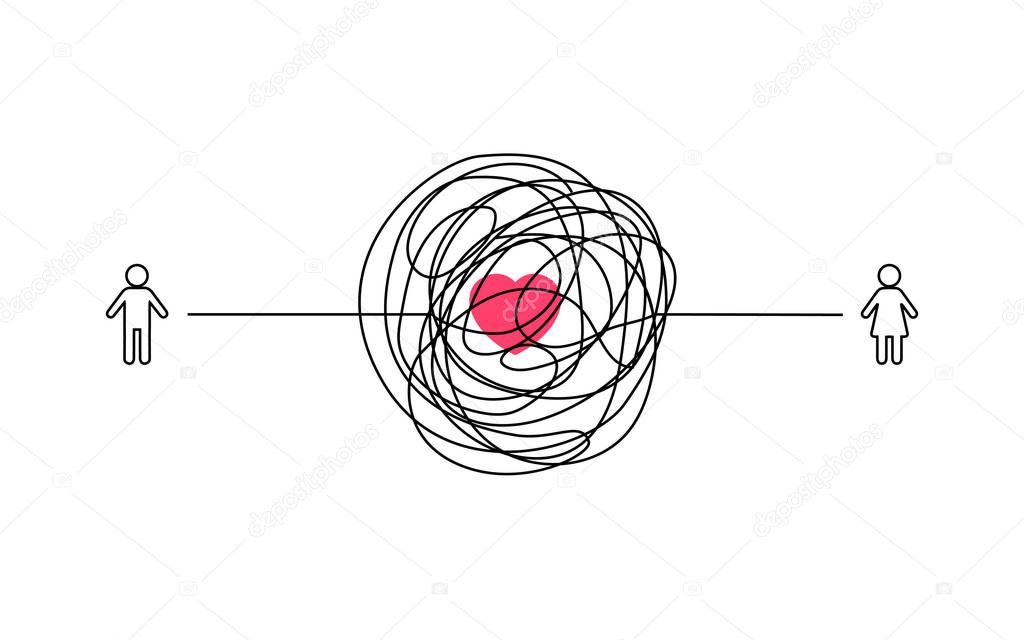 complicated couple love relationship illustration. man and woman symbol with messy line connection. tangled scribble line vector path doodle design.